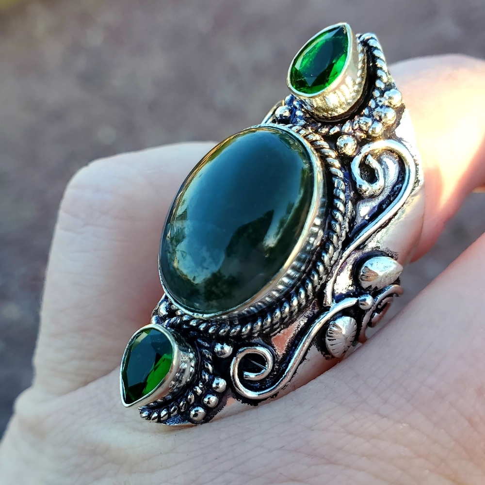New Green Moss Agate and Peridot Silver Statement Ring.